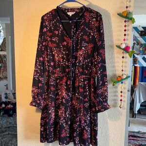 EUC Nanette Lepore Dragonfruit Floral Smocked Dress is a black, long-sleeve midi